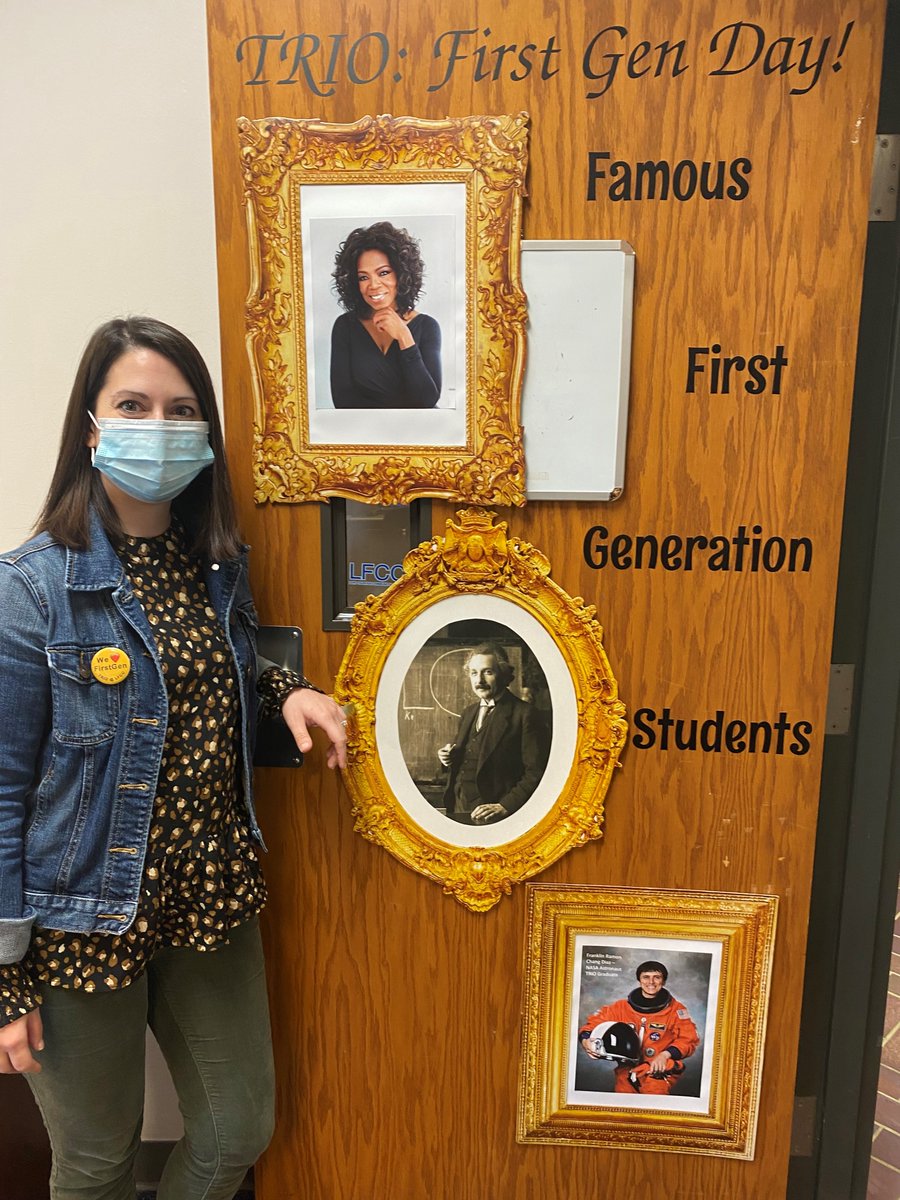 laurelridgeedu's tweet image. Happy First-Generation College Student Day! Vivi Meder, Trio director and coordinator of disability services, poses next to her department door featuring some well-known first-generation students. #firstgenerationstudent #firstgenerationcollegestudent #firstgen #firstgenstudent