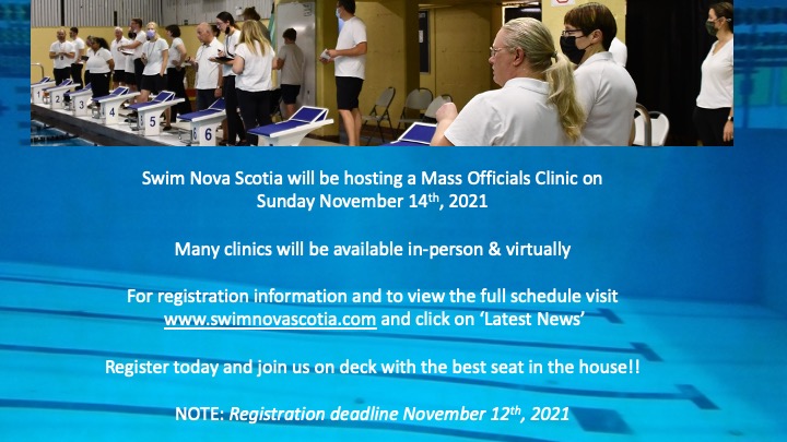 SwimNovaScotia's tweet photo. Join us on deck this season as an official! 
Schedule &amp; Registration information is now available for our upcoming Mass Officials Clinic - https://t.co/dN9y6NkPKY ⏱🏊🏽‍♂️ https://t.co/Rb5pUfV9ex