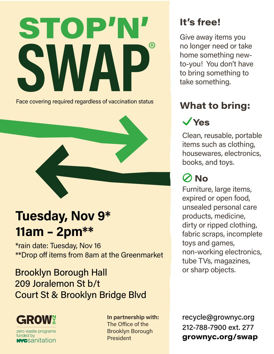 GrowNYC's tweet photo. Thrifty and eco-conscious New Yorkers unite, your favorite free reuse events are back! Please join us tomorrow, November 9 from 11 AM-2 PM for a free Stop ‘N’ Swap event at Brooklyn Borough Hall! Get rid of your gently used items and make way for new and unique finds. https://t.co/5vNvfkuaDp