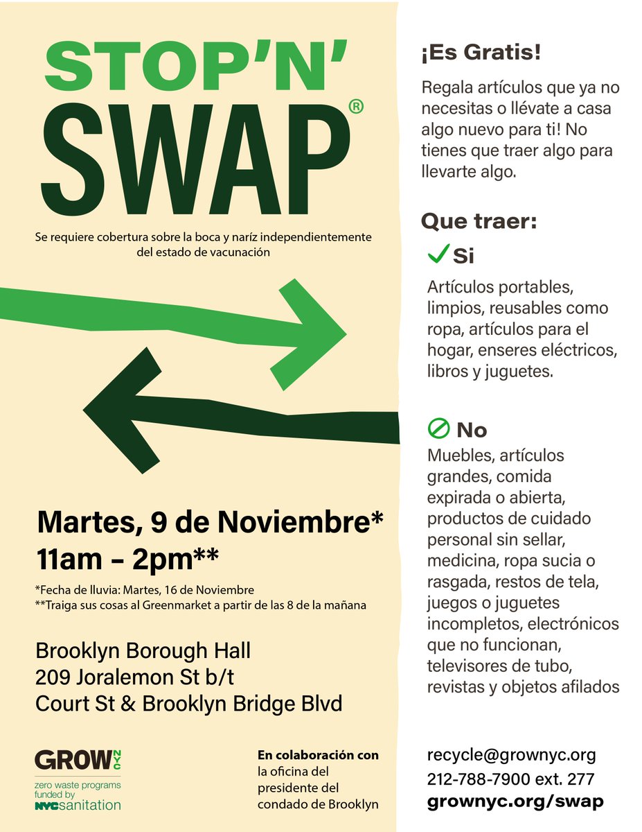 GrowNYC's tweet photo. Thrifty and eco-conscious New Yorkers unite, your favorite free reuse events are back! Please join us tomorrow, November 9 from 11 AM-2 PM for a free Stop ‘N’ Swap event at Brooklyn Borough Hall! Get rid of your gently used items and make way for new and unique finds. https://t.co/5vNvfkuaDp