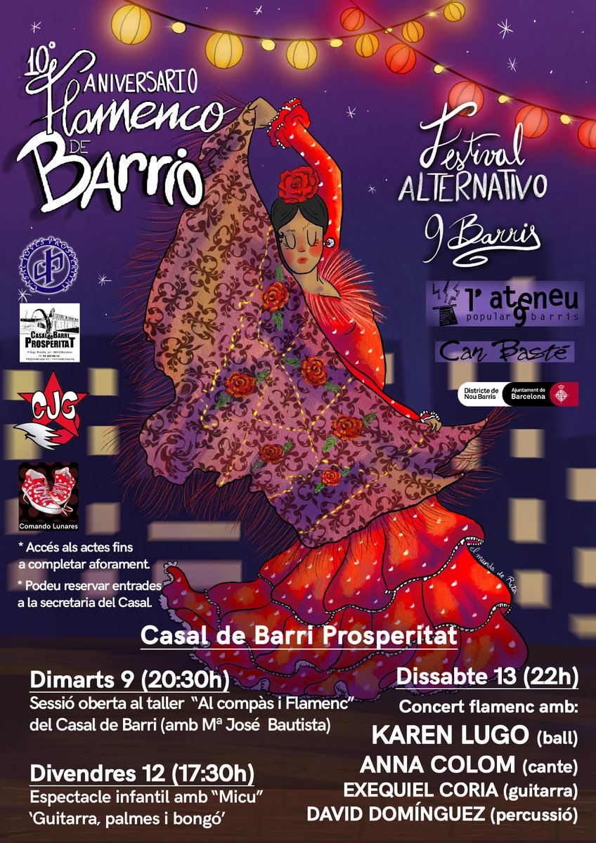 CasalBProspe's tweet photo. Avui comença el #FlamencoDeBarrio! Al Casal podreu gaudir de:
Dm. 9 (20.30 h): sessió oberta del taller #AlCompás.
Dv. 12 (17.30 h): espectacle infantil amb Micu.
Ds. 13 (22 h): concert amb Karen Lugo, Anna Colom, Exequiel Coria i David Domínguez.
ℹ️ https://t.co/ZgMXKYFr24 https://t.co/9Go7QR1DL7