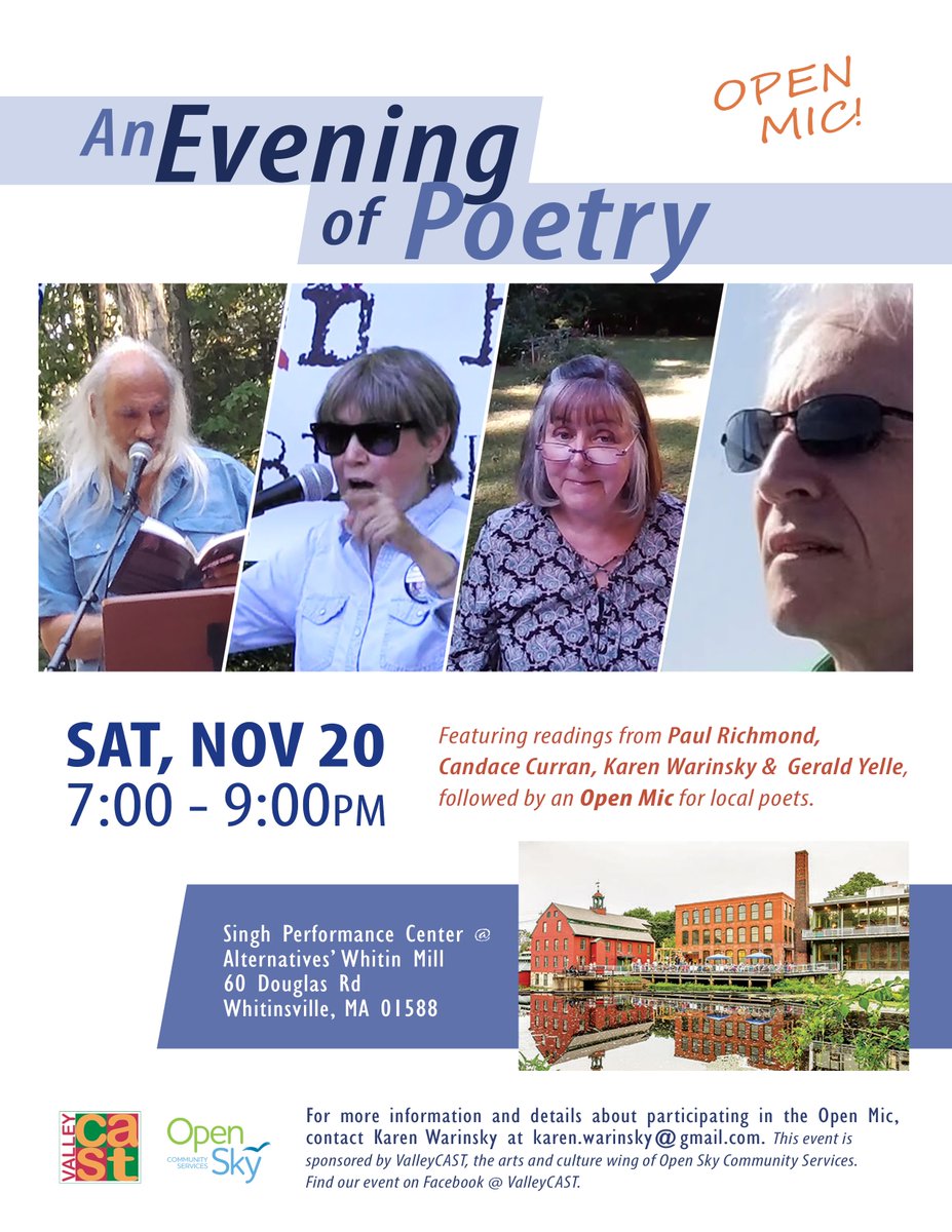 Coming soon: An Evening of Poetry at the #WhitinMill! Share our flyer and invite your friends to read their work!

#whitinmill #whitinsvillema #northbridgema #worcesterpoets <a href="/WorcesterPoetry/">Worcester County Poetry Association</a> #callforpoets #slampoetry