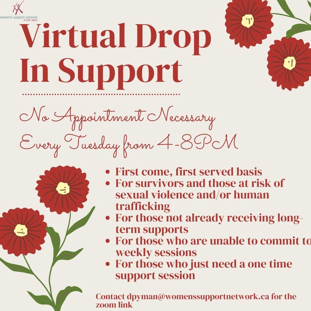 WSNYorkRegion's tweet photo. #WSN is offering #Virtual #DropInSupport for #survivors and those #AtRisk of #SexualViolence and #HumanTrafficking every Tues from 4-8PM. Email dpyman@womenssupportnetwork.ca for the zoom link. Note: There may be wait times and cannot guarantee that every person will be seen. https://t.co/ORdU7eATH5