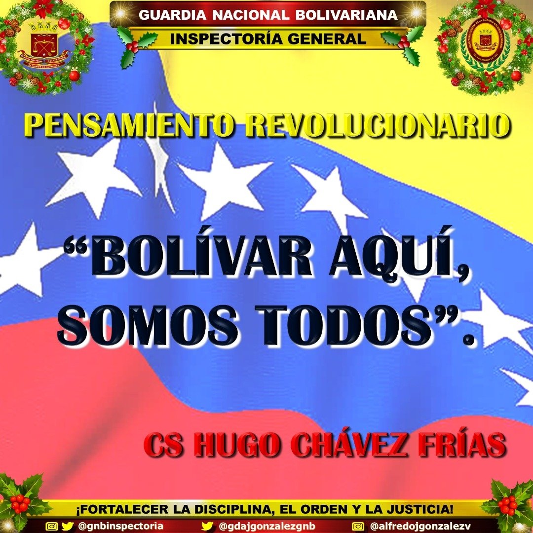 No hay dudas, ni titubeo para esta frase ilustre de nuestro CS Hugo Chávez Frías; 'BOLÍVAR AQUÍ, SOMOS TODOS'. #8deNoviembre #PensamientoRevolucionario #VenezuelaPotencia #InspecGralGNB #EscudoBolivariano2021 #VenezuelaTieneConQué #IVSS #RicardoAguirre #GNB #FANB #CEOFANB