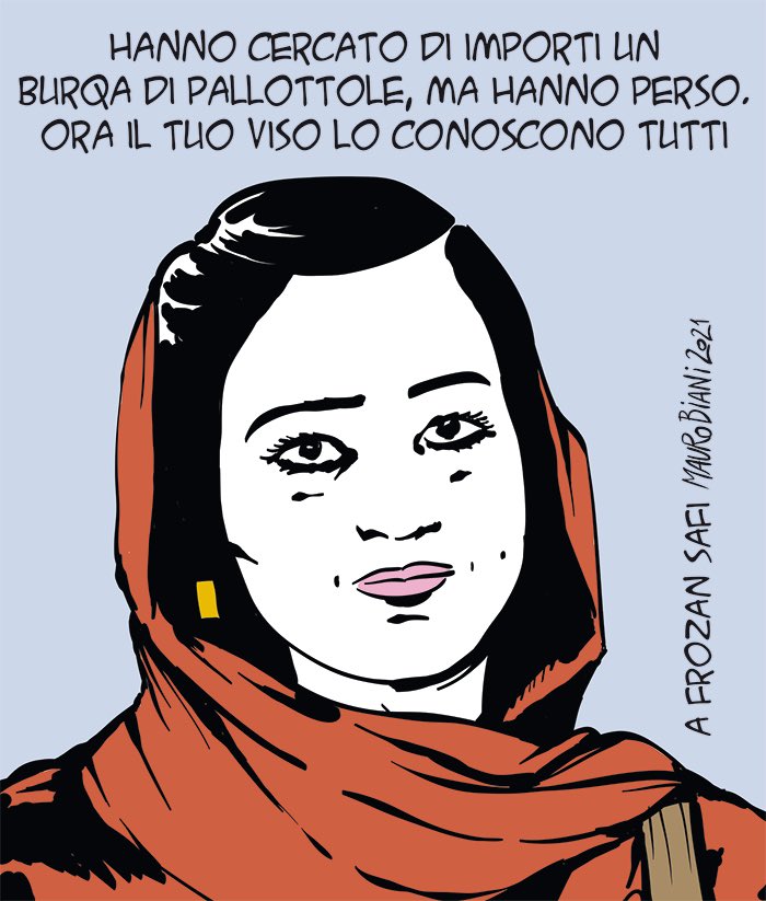 nonsonpago1's tweet photo. @maurobiani: #FrozanSafi #Afghanistan 
Hanno cercato di importi un burqa di pallottole, ma hanno perso.
Ora il tuo viso lo conoscono tutti.
Ieri su @repubblica
#Biani !
#egosistema #blob @BlobRai3 https://t.co/GCYKqjwaXq