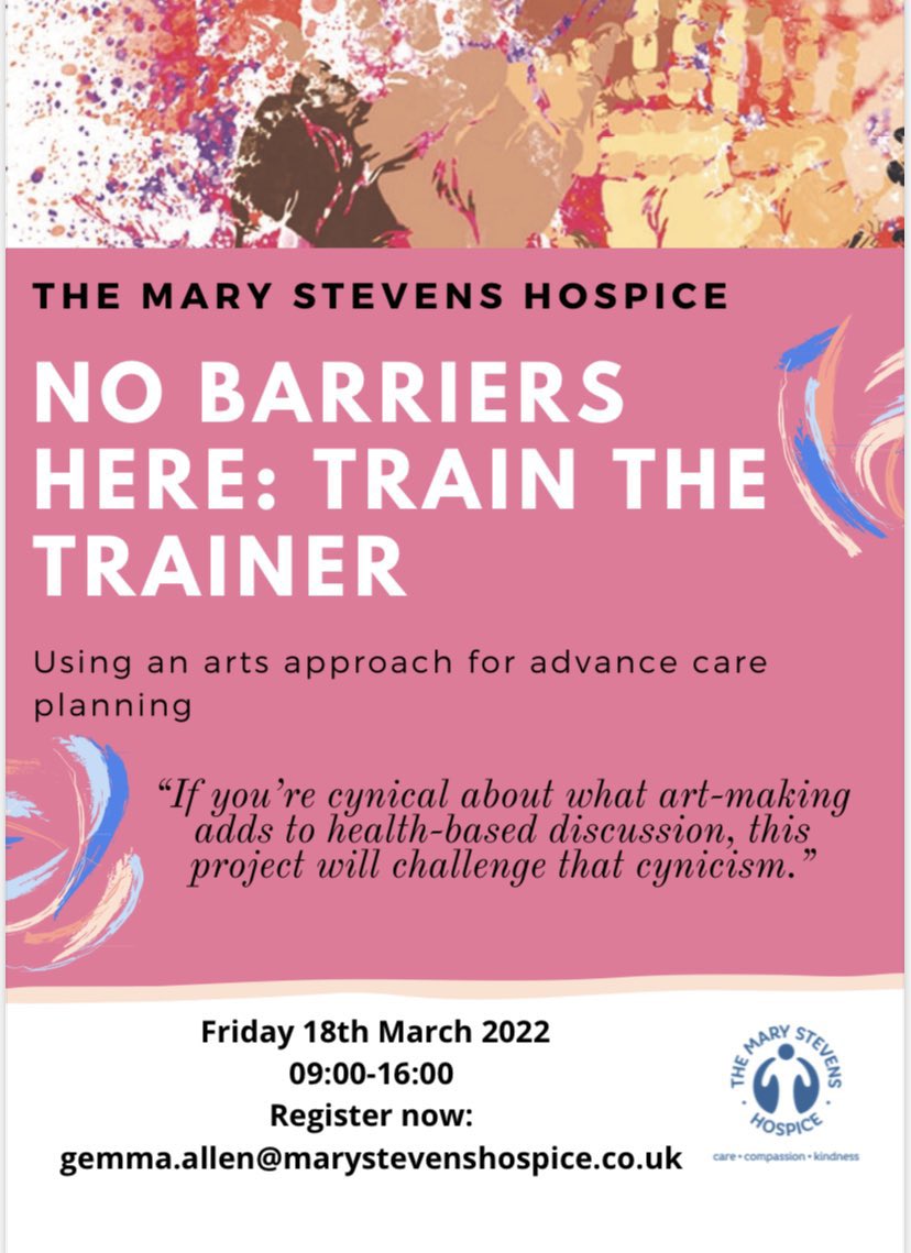 Registration is open for the (award winning 😉) <a href="/NoBarriersHere/">No Barriers Here©️</a> #TraintheTrainer 

Discover the value of using art based methods in #palliativecare, learn how to facilitate NBH &amp; receive materials to deliver your own workshops.Bespoke organisation packages available. @JedJerwood