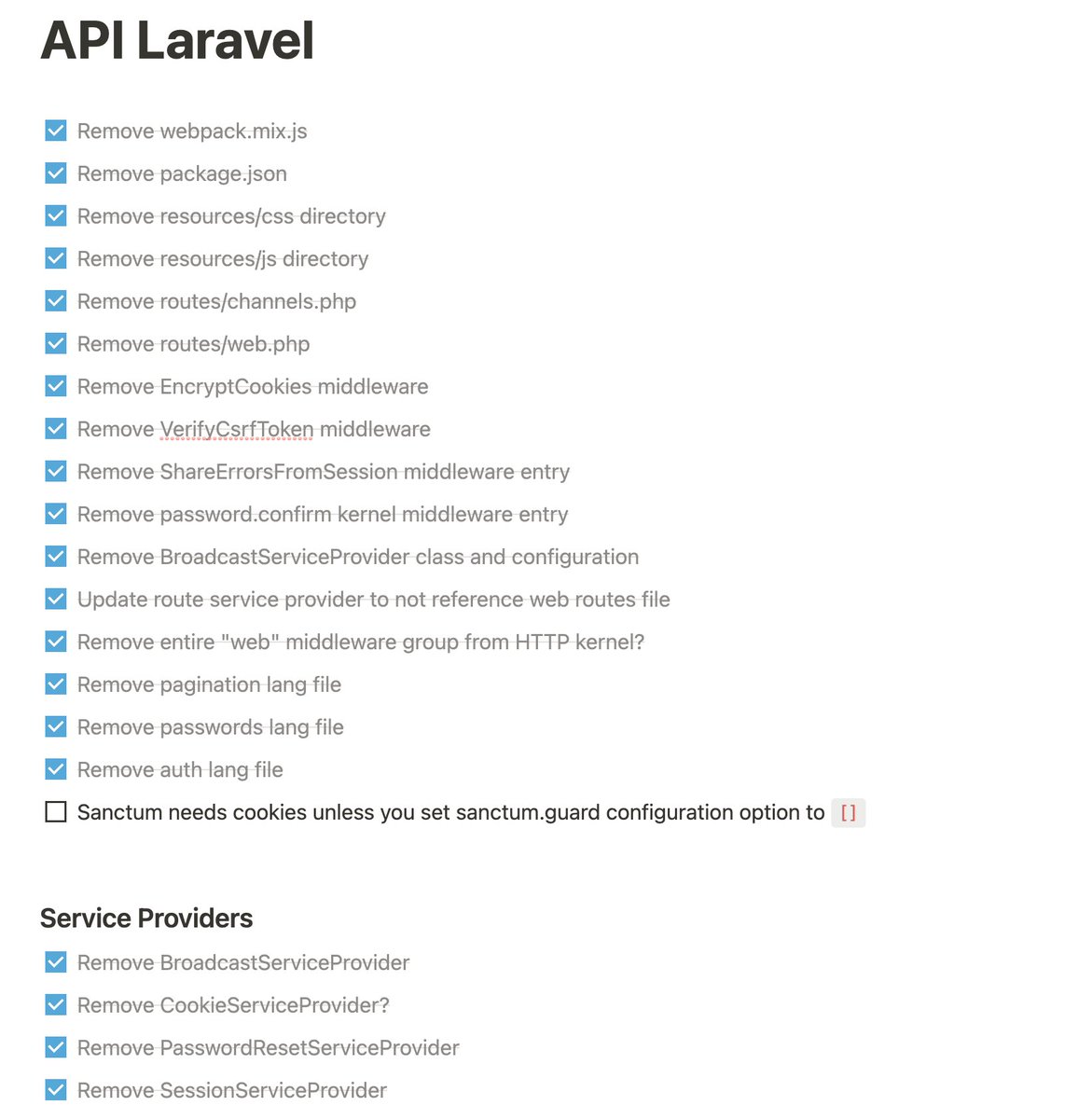 One of the most popular responses to my "what feature would make your life complete" tweet was a "laravel new foo --api" option to make an application with browser related files removed.

Decided to work on it this afternoon. Can you think of anything to add to this list? ✅