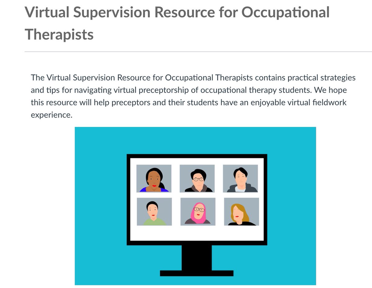 Attention #occupationaltherapists! Are you thinking about taking on a student in virtual care? Check out our new Virtual Preceptor Resource for Occupational Therapists q.utoronto.ca/courses/223060  Please share! <a href="/osot_UofT/">OS&OT at UofT</a> @OSOTvoice <a href="/CAOT_ACE/">CAOT_ACE</a>  TY to <a href="/cotf/">Course of the Force</a> for grant support!