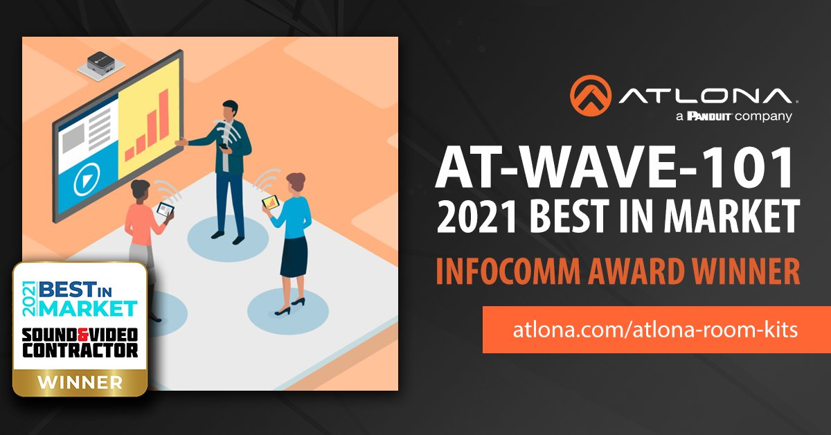 Atlona's tweet image. The Atlona AT-WAVE-101 recently won InfoComm&apos;s &quot;Best in Market 2021&quot; award.

Read the official announcement here: bit.ly/3D0Sw7o

#presentationsystems #AVTweeps #proAV #collaboration #conferenceroom #edtech #huddlespaces #classroomtechnology #meetingrooms #highered