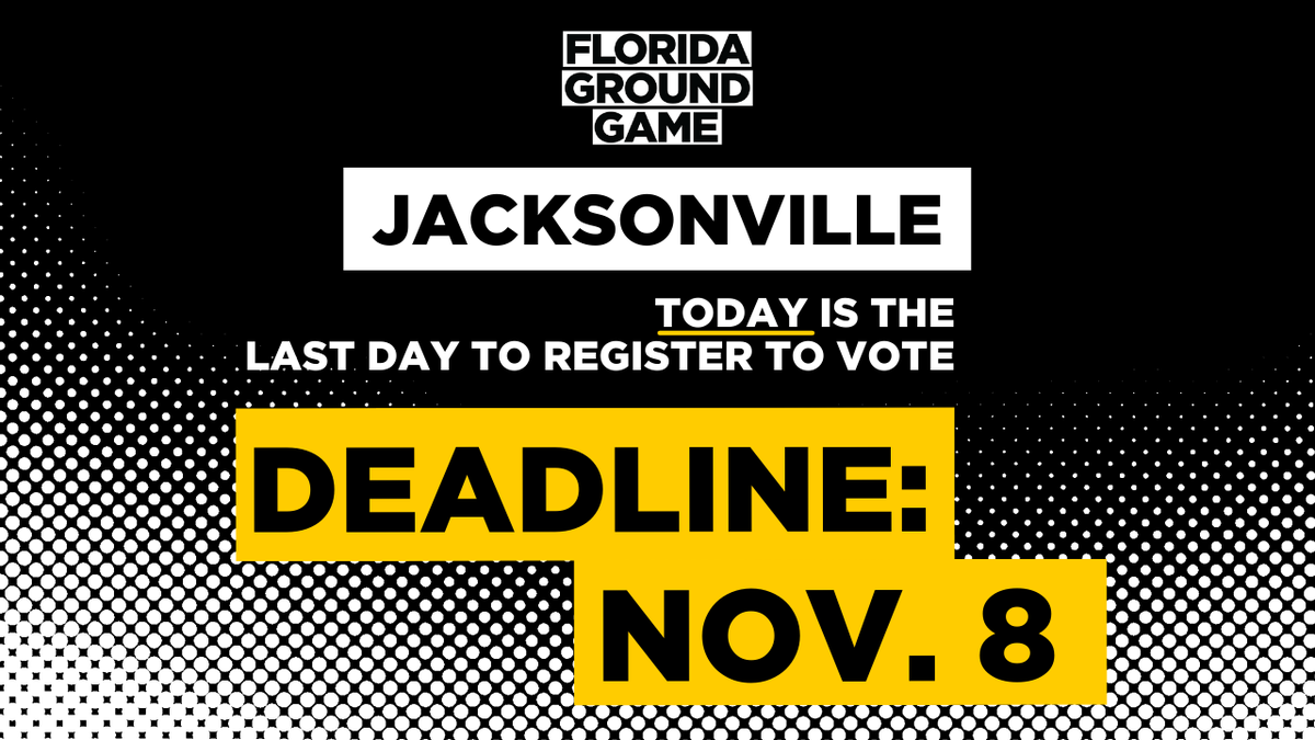 Today is the ✨last✨ day to register to vote to participate in the upcoming Duval special election on December 7th. 

Register now at floridagroundgame.com/register