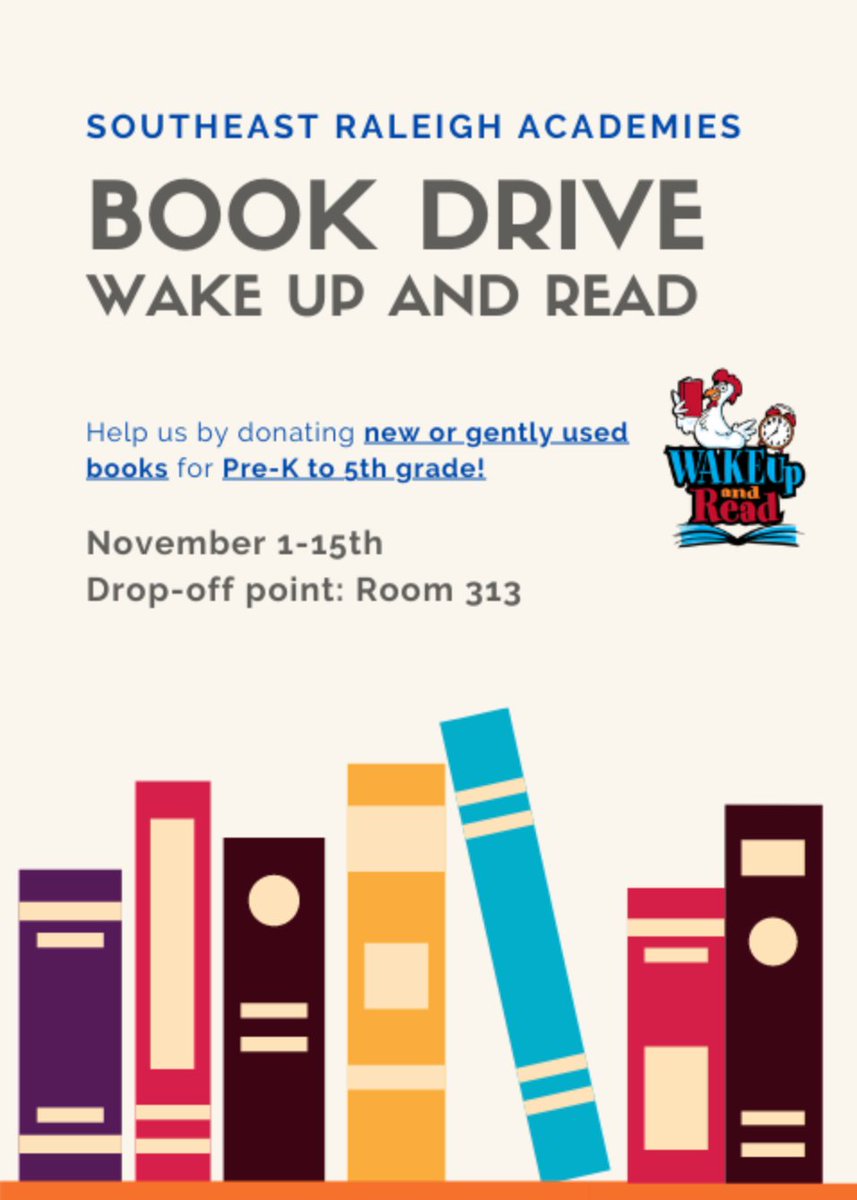 SrmhsE's tweet photo. DONATE, DONATE, DONATE!!! Book drive and food drive hosted by the Academies!! @SRMHSpride @itsup2me2lead @Literacy4Wake @klindsaytweets https://t.co/HKGUQle6EZ
