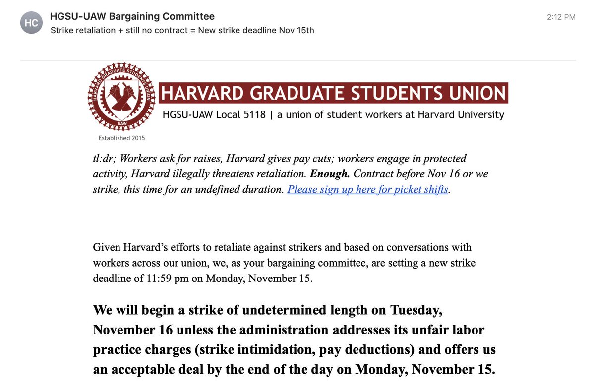 hgsuuaw's tweet photo. Oops...@Harvard did it again!

We've had enough. Enough harassment. Enough retaliation. Enough "how you pay rent is your personal problem." Enough of a union-busting open shop

We celebrated #STRIKETOBER. We're ready for #Strikesgiving too

Contract or we strike 11/16 https://t.co/h2c9a2x1hh