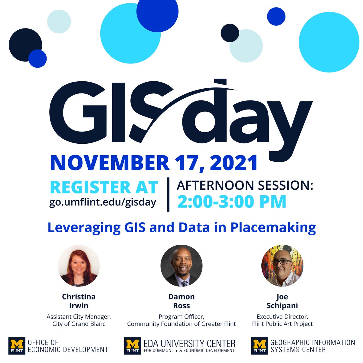 Nov 17th is International <a href="/gisday/">GIS Day</a> We are excited to present our morning &amp; afternoon panel discussions.
11am to noon: How Data and GIS can Support Your Business 2pm-3pm: Leveraging Data and GIS in Placemaking. 
Free to register for these Zoom webinars: go.umflint.edu/gisday