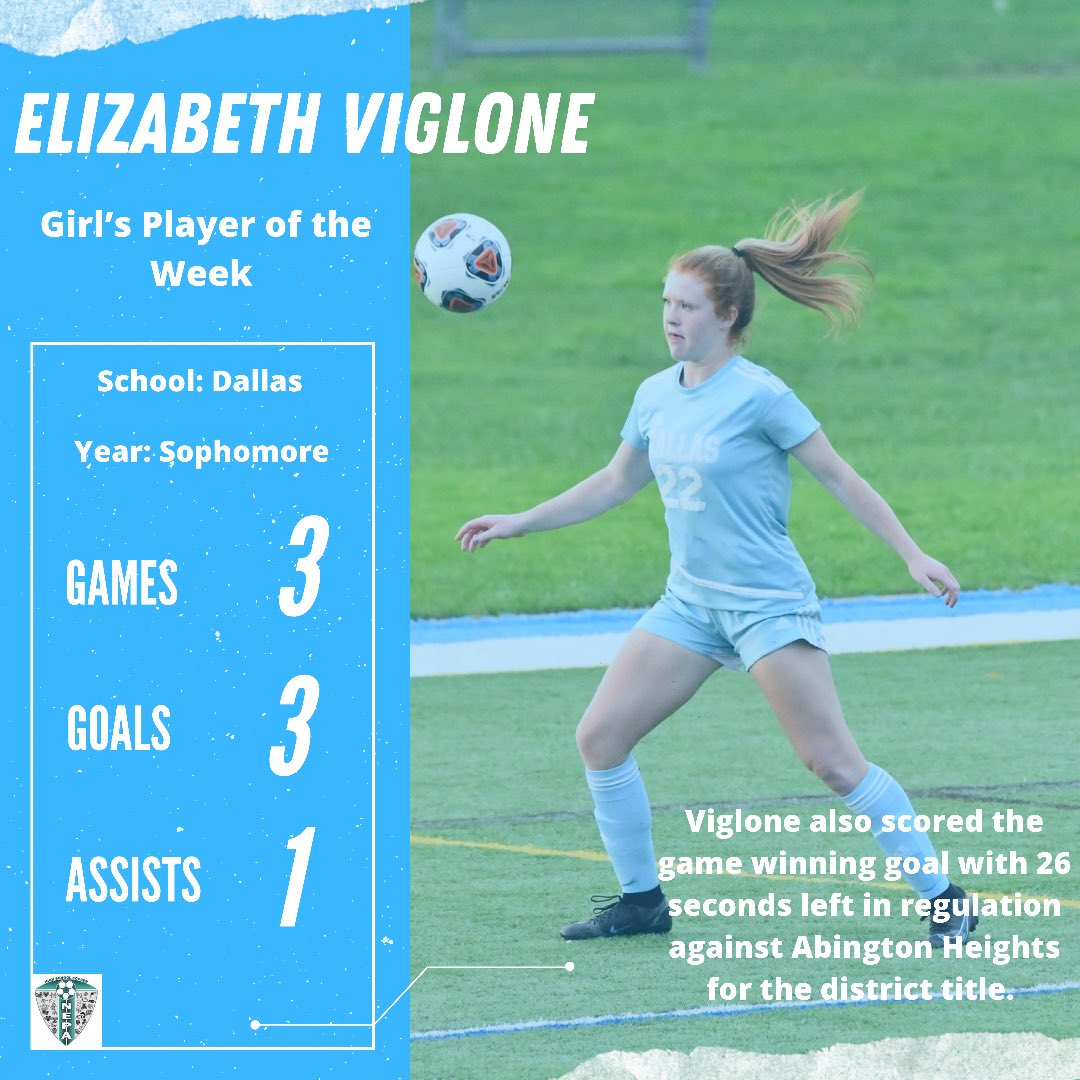nepasoccer's tweet photo. Dallas sophomore Elizabeth Viglone is our “PIAA District 2 Girl’s Player of the Week.” Congratulations! https://t.co/0Bvf5t3Jpj
