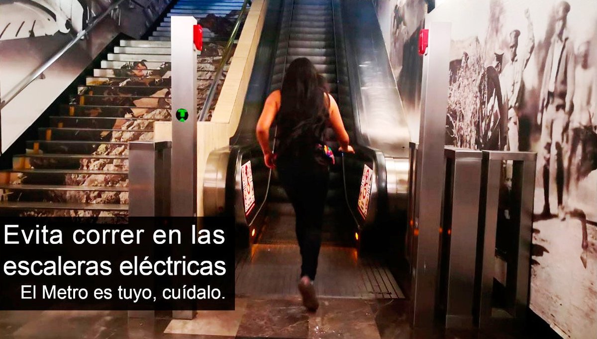 Al correr sobre las escaleras eléctricas se desestabilizan los sensores y  se dañan las cadenas de tracción. Úsalas adecuadamente, el Metro es tuyo,  cuídalo., image size:1200x681
