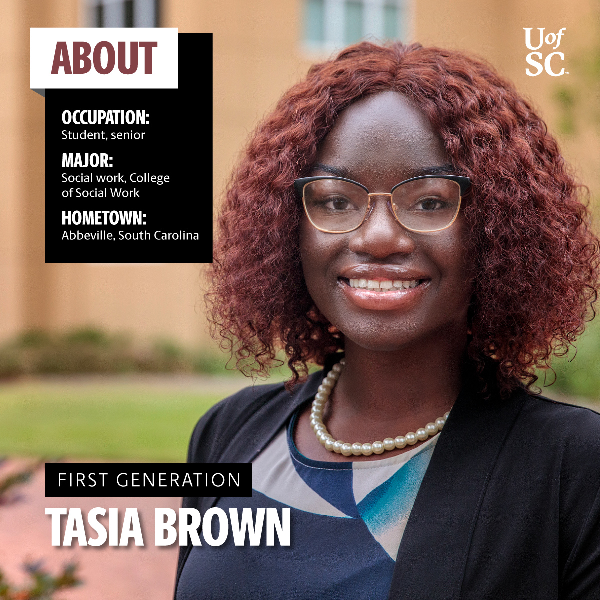 UofSC's tweet photo. In Fall 2020, 19% of @UofSCstudents identified as first-generation college students.
This week, we're celebrating #UofSCFirstGen #Gamecocks and their contributions to our community.
Meet @UofSCcosw major, Tasia Brown. ➡️ https://t.co/GkcodCCU8M https://t.co/tVeUHyEd9f