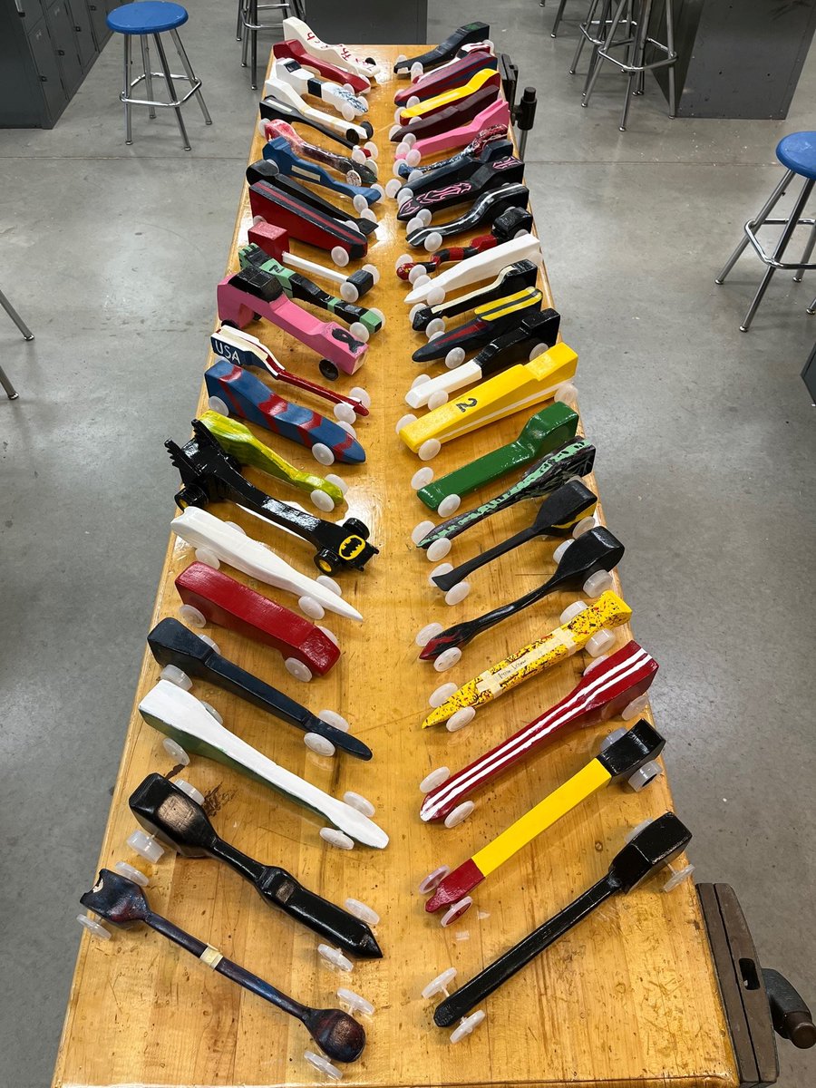 LSWoodTech's tweet image. This semester's CO2 cars are finished and ready for the race Wednesday. Nice work Wood 1 students!