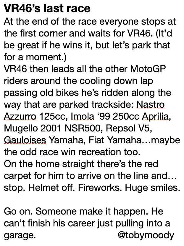 So, after 26 years, it'll be the last race for <a href="/ValeYellow46/">Valentino Rossi</a> this Sunday. Here are my thoughts of what they could do for Valentino after 431 Grands Prix, 9 title and a figure who genuinely transcended the sport. ™️

🇮🇹🏆 #MotoGP
