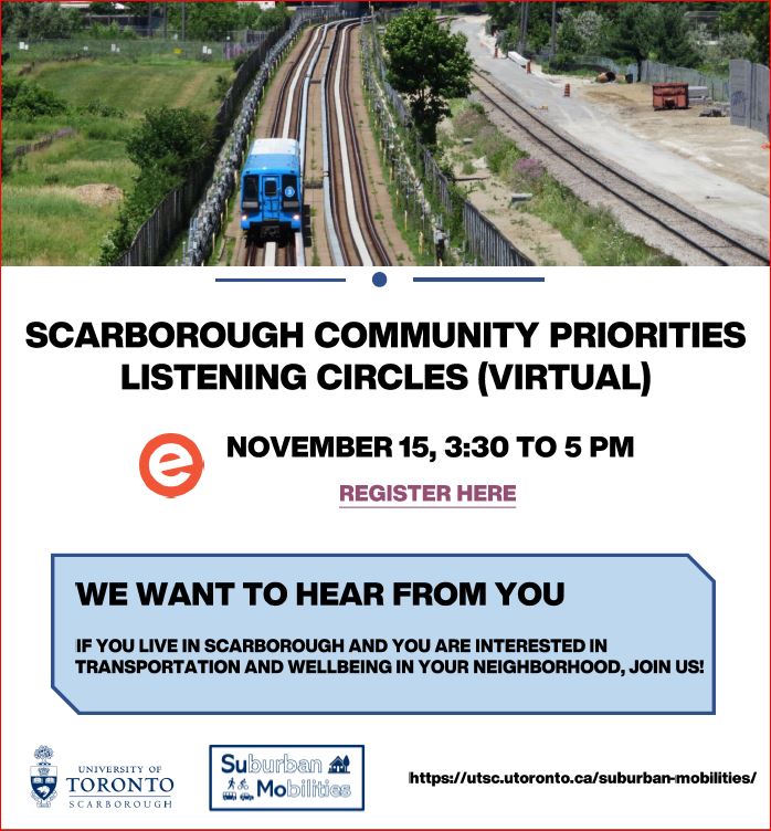 ScarbCycles's tweet photo. Has transportation been a pressing challenge for you, your community or your organization? We want to hear from you! Join a Scarborough Community Priorities Listening Circle (Virtual)

Monday November 15, 2021
3:30 PM–5:00 PM 

https://t.co/MUyITwnxYW

@UTSC @UofTCities #ScarbTO https://t.co/T5AvEFZrqY
