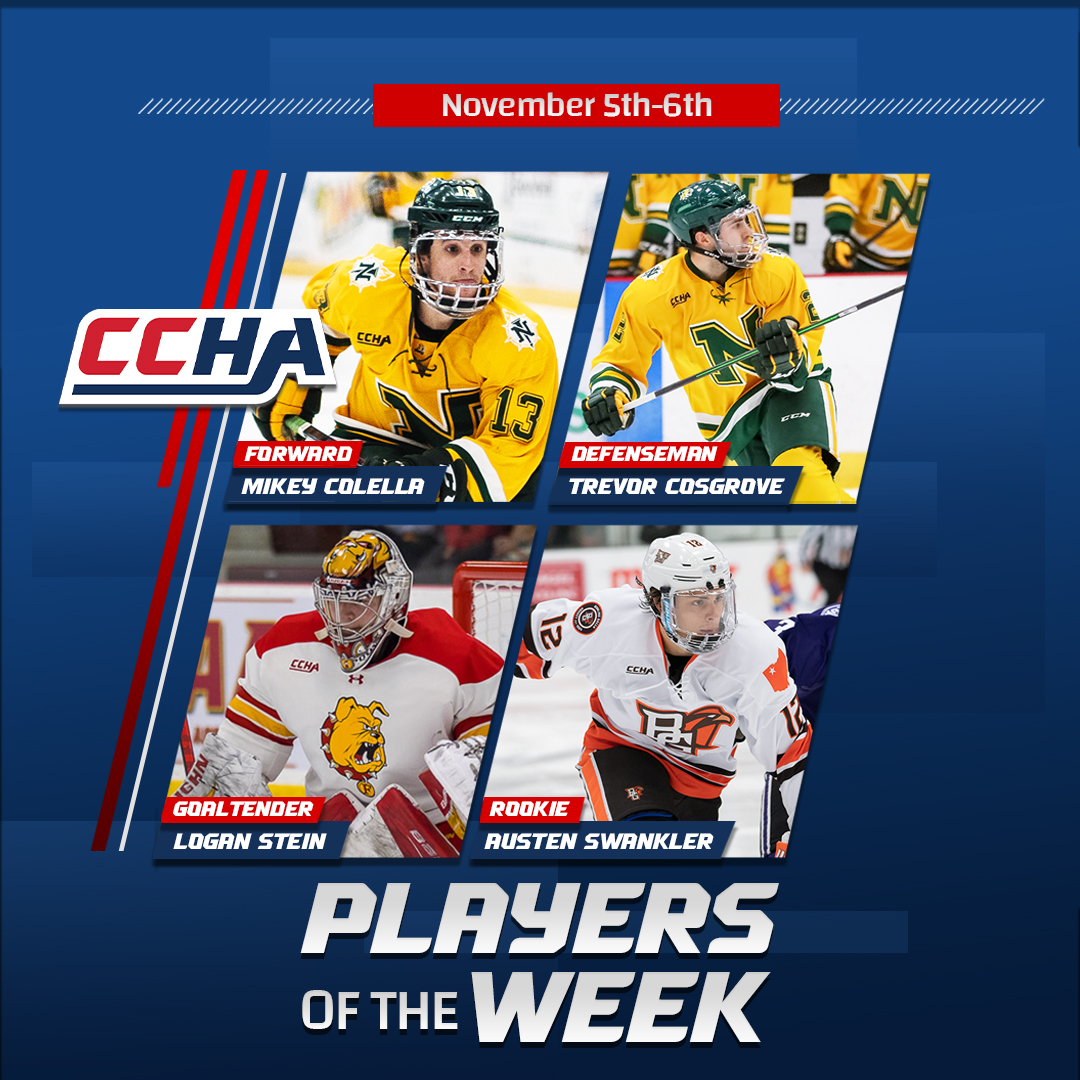 CCHAHockey's tweet photo. The #CCHA Players of the Week 🤠

📰 Details: https://t.co/8AQ41F1wUW https://t.co/h2tHu0gxgH