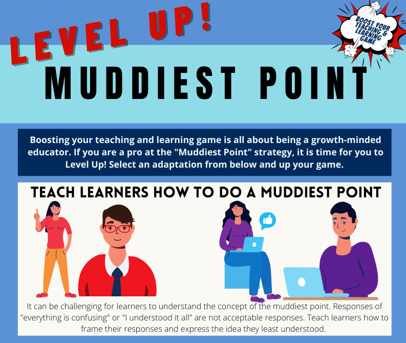 ITLC_Lilly's tweet photo. It's #TeachingTip Monday! 
This week are some tips on how to Level up! Muddiest Point.
#HigherEd #education #teach #teacher #MuddiestPoint #Educate #educator #k12 #college #university #growthmindset #grow #learn #teaching #Learning

https://t.co/XdfkkfqCp1 https://t.co/PTgbdNOm4j