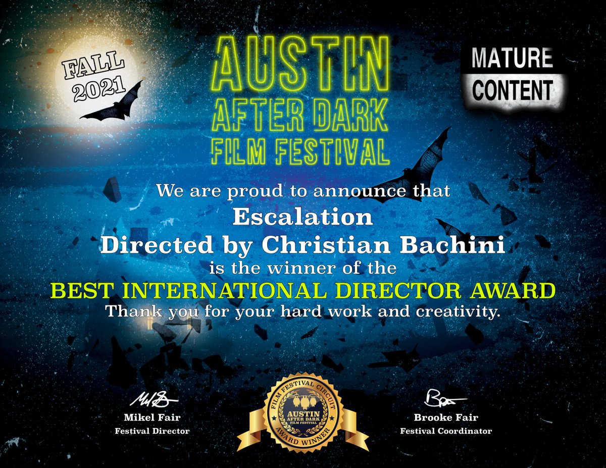 ChrisBachini's tweet photo. Best International Director Award!! Thanks to the #AustinAfterDark film festival and to @mikelfair for this amazing recognition!! #austinafterdarkfilmfestival #austinafterdark #escalationshortfilm #christianbachini #horrormovies https://t.co/YtlBj9tz1o