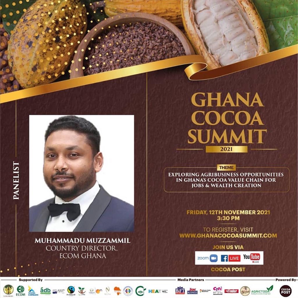 ecomwestafrica1's tweet image. Hey guys!

Our Country Director, @muzzeta will be part of a panel discussion at the Ghana Cocoa Summit 2021

Date: 12th November, 2021

JOIN US on Facebook @cocoa.post 

 #cocoapost #cocoasummit #cocoa #ecomghana