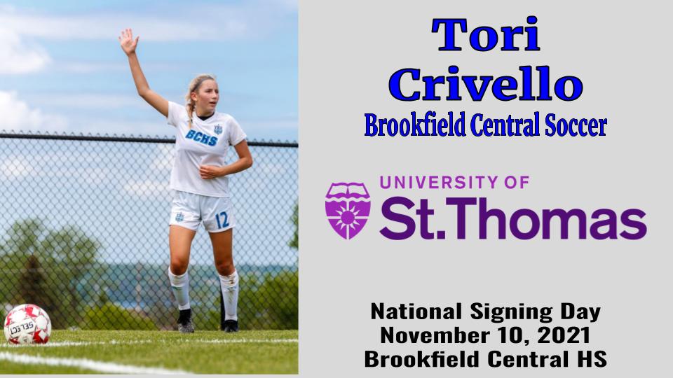 <a href="/BCgirlssoccer/">BC Girls Soccer</a> Tori Crivello will be continuing her athletic career at the University of St. Thomas next year. We'll be recognizing her at our Signing Day Ceremony here at BC, Wednesday, November 10th - 9:30am in the Main Gym.