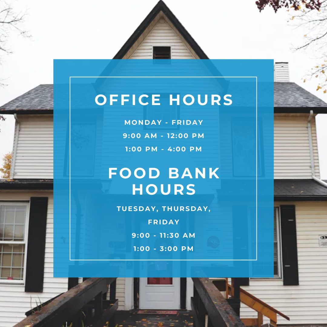HOURS, HOURS, HOURS! Simcoe Hall is operating the food bank on Tuesdays, Thursdays, and Fridays from 9:00 – 11:30 am, and 1:00 – 3:00 pm.  Just be sure to bring ID for all household members, proof of income &amp; rent! #open #hours #nonprofit #simcoehall