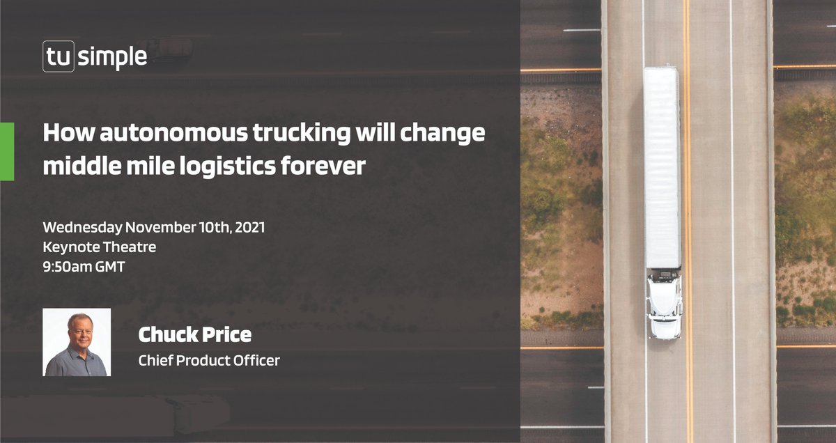 TuSimpleAI's tweet image. TuSimple Chief Product Officer Chuck Price will be presenting at the MOVE Conference in London on November 10th. In his presentation, Chuck will address how autonomous trucks are poised to change middle-mile logistics forever.
#move2021 #autonomoustrucks  #mobility #logistics