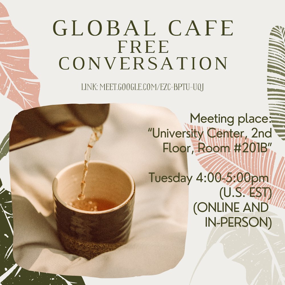 UMBCELI's tweet photo. Tomorrow is the day for Global Cafe! We are so excited to be hosting it both in-person and online again. 😀 We are going to meet at University Center, 2nd Floor, Room #201B. See you soon! 😁 PS: We will be wearing masks and practicing social distancing 😷 https://t.co/RLDqbbdX3y