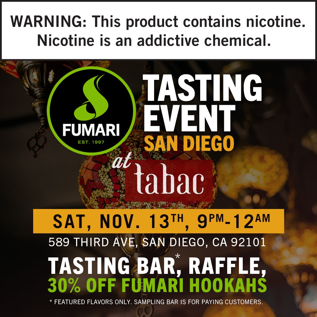 fumari's tweet photo. Another local tasting event - come out to Tabac Hookah Lounge this Saturday and have some hookah on us!

#fumari #tastingevent #hookahlounge #shishalounge #freehookah #tabac #sandiego #fumaritobacco https://t.co/POzXquLsDh