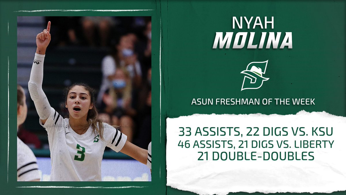 #HatsOff to the THREE-TIME #ASUNVB Freshman of the Week, Nyah Molina! Two more double-doubles for the rookie setter this week. #GoHatters 🤠👊
bit.ly/3CXWvBw