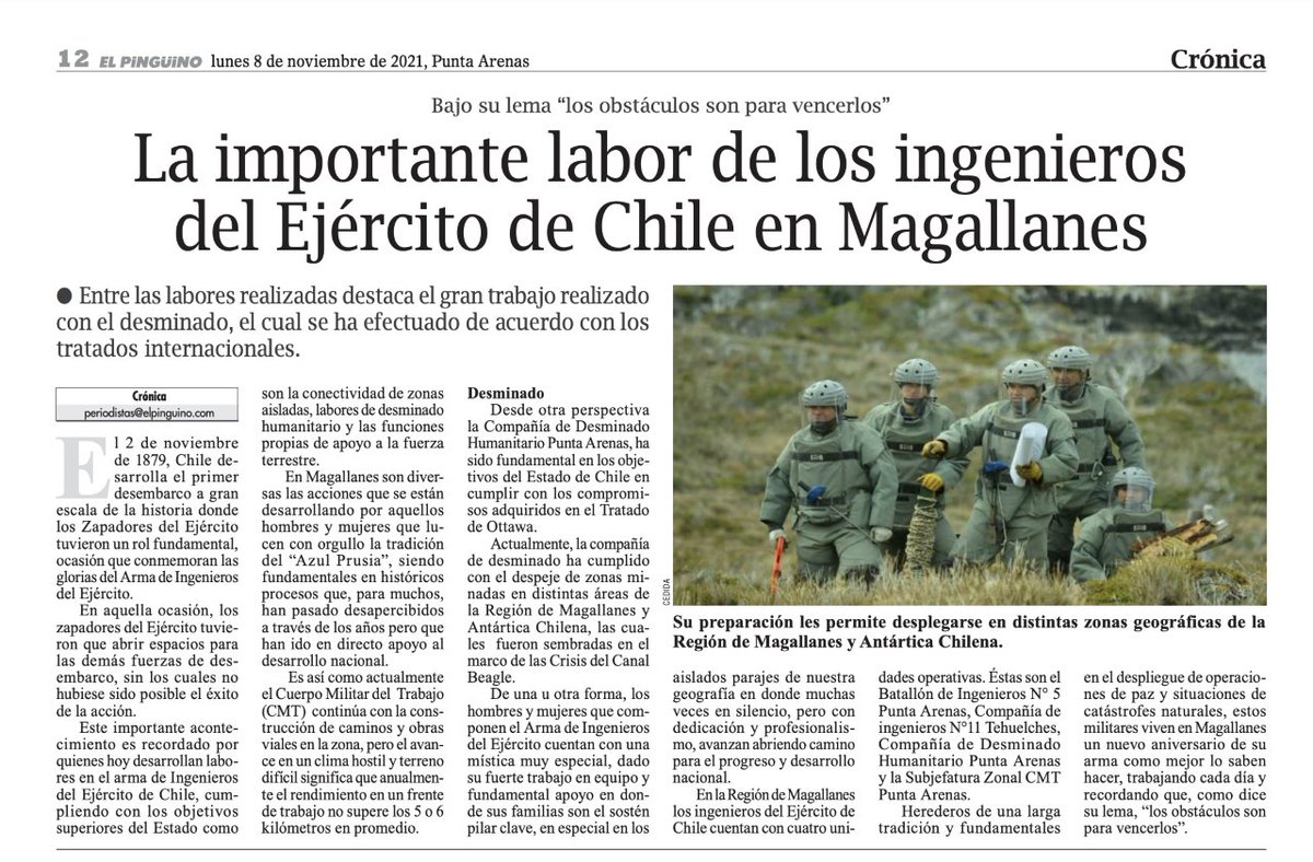 Ejercito_Chile's tweet photo. Con motivo del reciente aniversario del Desembarco y Toma de Pisagua, el diario El Pingüino publicó una nota sobre la importante labor que desempeña el Arma de Ingenieros, desde el Cuerpo Militar del Trabajo al Desminado Humanitario. @pinguinodiario https://t.co/uzlGp0OYuV