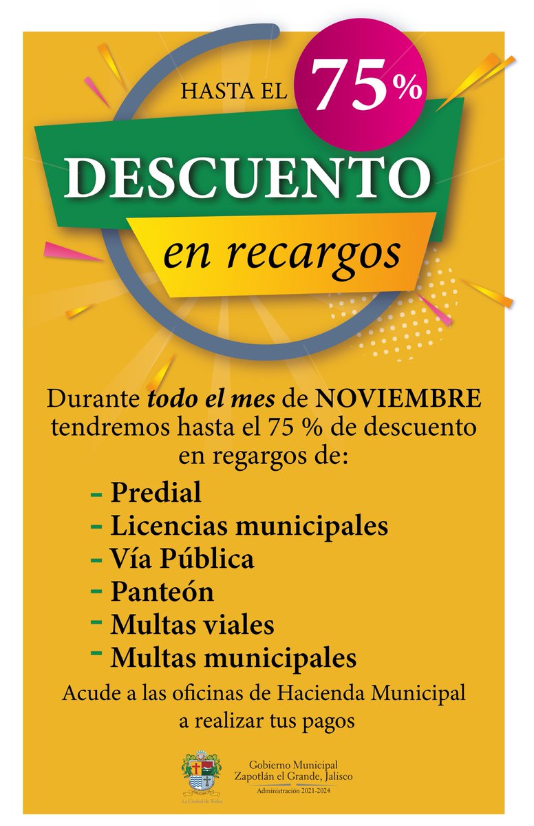 ZapotlanGob's tweet photo. Te invitamos a aprovechar los descuentos en recargos que durante todo el mes de noviembre te ofrece Tesorería Municipal en apoyo a la economía familiar.
Acude a realizar tus pagos y ¡ponte al día! https://t.co/hKbJOAFPh0