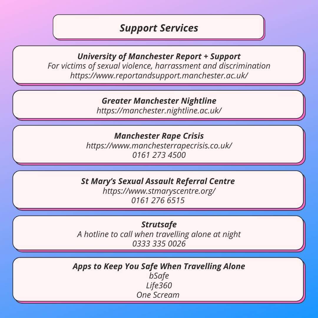 uomdramasoc's tweet photo. 0161 276 6515

Strutsafe
A hotline to call when travelling alone at night
0333 335 0026

Apps to Keep You Safe When Travelling Alone
bSafe
Life360
One Scream

Special thanks to Ruby O'Casey, @ourstreetsnow_uom &amp; Our Streets Now https://t.co/G7KNT2B5ls