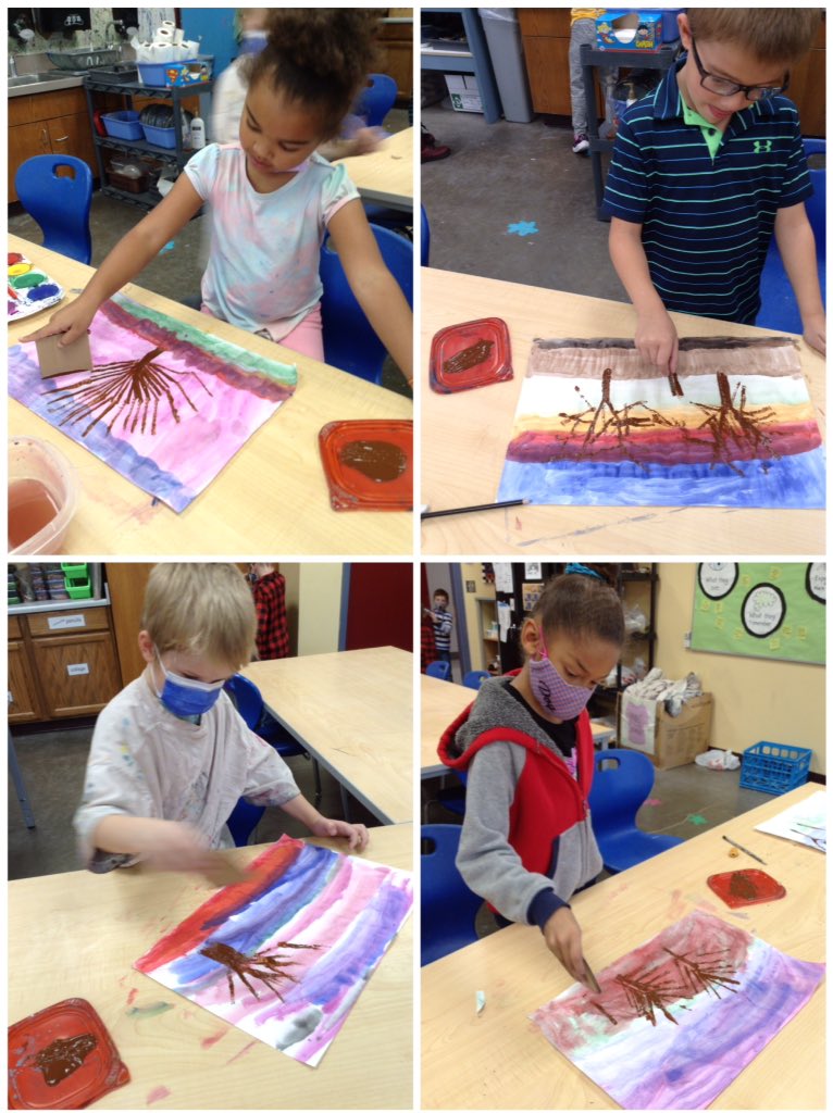 intheArtRoom's tweet photo. Mixed Media landscapes in 1st grade. https://t.co/wcG7owkq2R