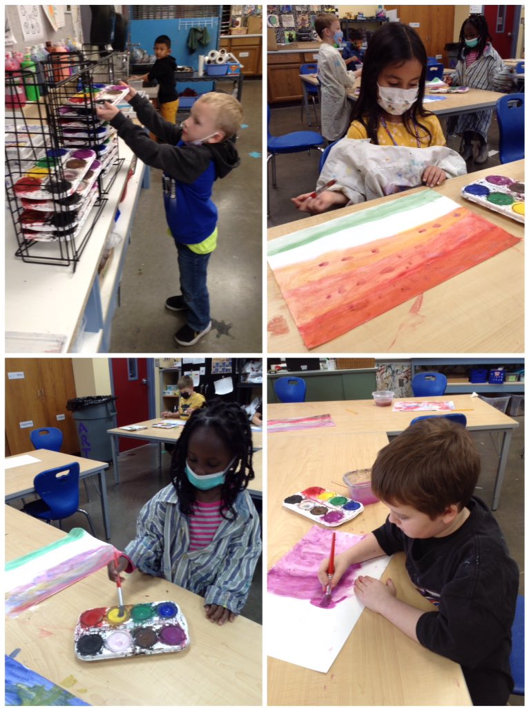 intheArtRoom's tweet photo. Mixed Media landscapes in 1st grade. https://t.co/wcG7owkq2R