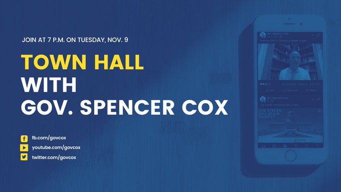 GovCox's tweet photo. Have a question for us? Now's your chance to ask!

Join us for a live town hall at 7 p.m. on Tuesday, Nov. 9. You can watch on YouTube, Twitter, or Facebook, and you can ask your questions live or submit them here: https://t.co/8vGAdtqa1R.

#LetsGo #OneUtah https://t.co/z02AYGCT7i