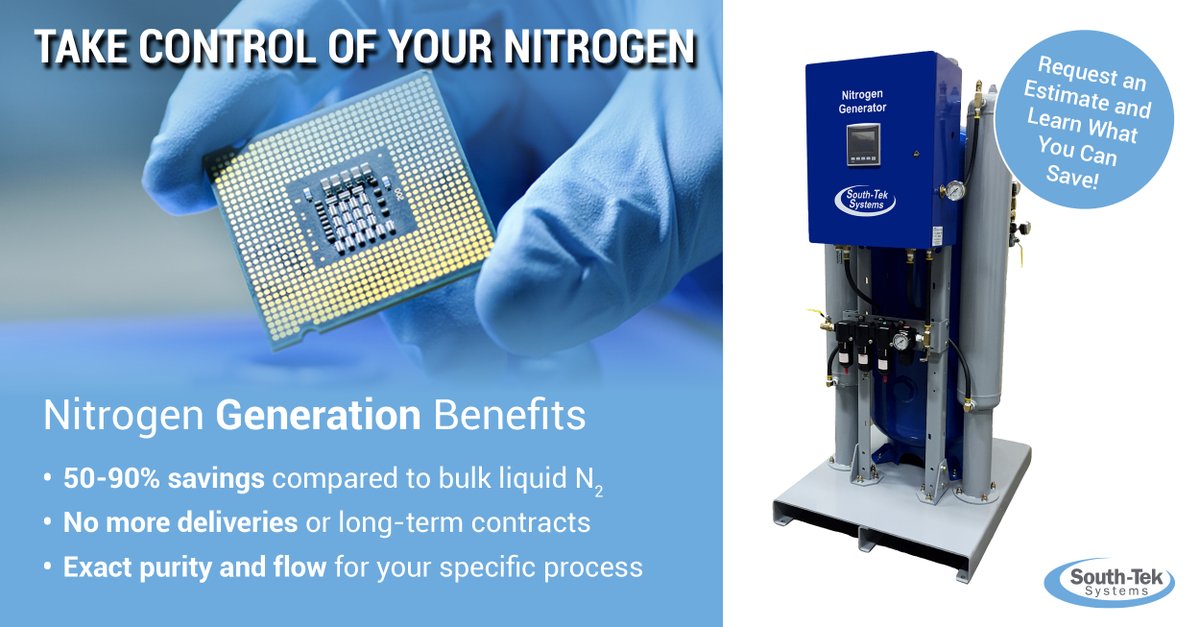 SouthTekSystems's tweet photo. Nitrogen Generation is a cost-effective solution to ensure product quality at a fraction of the cost compared to bulk liquid nitrogen! Electronics manufacturing uses N2 during the reflow soldering process to help eliminate defects. Request a quote electronics@southteksystems.com https://t.co/RDEwmJcZDR