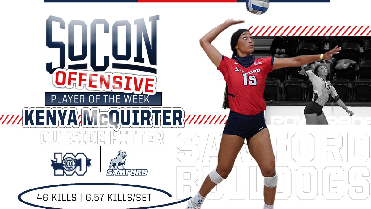SoConSports's tweet photo. Kenya McQuirter is the #SoConVB offensive player of the weekπ
π46 kills, 6.57 kills/set.
π https://t.co/LVLrDxSbyF
#SoConVBπ x @SamfordVB https://t.co/NKGWRbkIRY