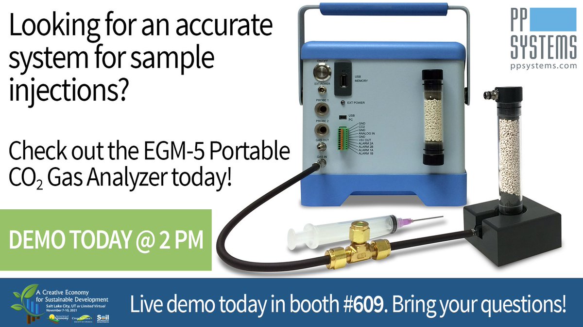 pp_systems's tweet photo. Looking for an accurate system for #SampleInjections that's easy to use? Stop by booth #609 today @ 2PM for our live demo of the EGM-5 Portable #CO2GasAnalyzer. #ACSmtg #SmallVolumeSampling @ASA_CSSA_SSSA https://t.co/rgmAMFmdwZ https://t.co/SzUoypqF3t
