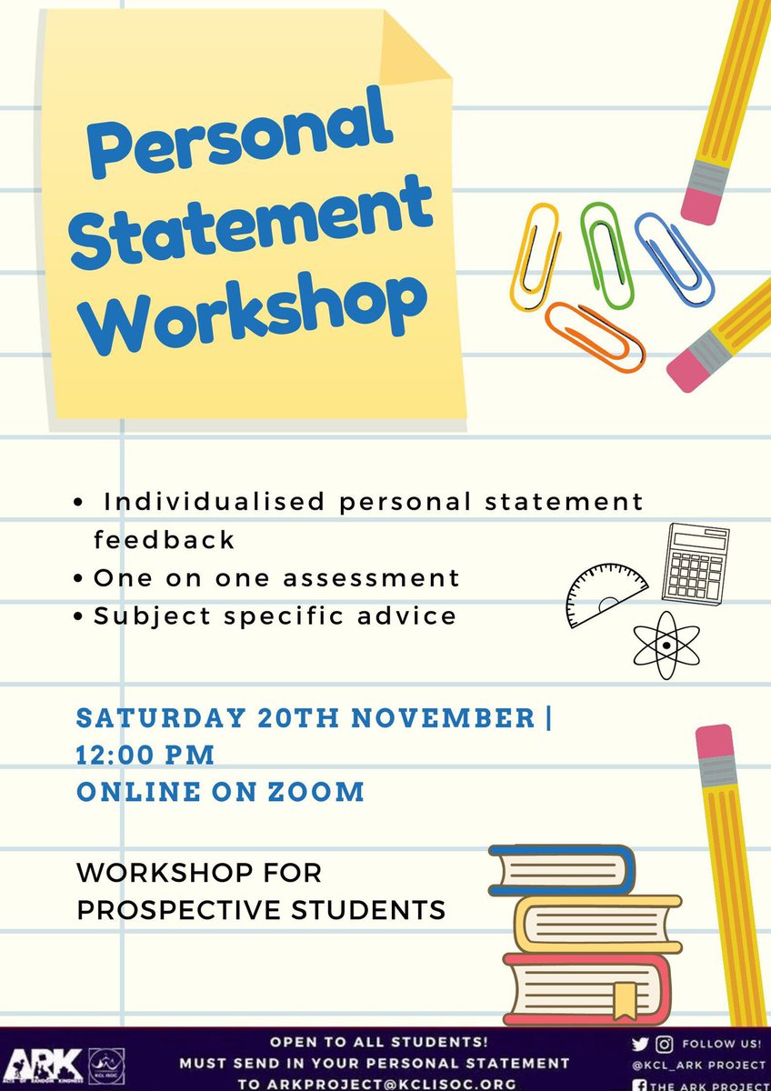 KCL_ARKproject's tweet photo. ARK Outreach are pleased to announce the Personal Statement Workshop as our 1st event of the year 🥳 
We aim to help prospective university students by offering 1-1 advice to tailor their applications specifically to the course they are applying for. 
All students are welcome! 🙌🏼 https://t.co/glvEh5So0E
