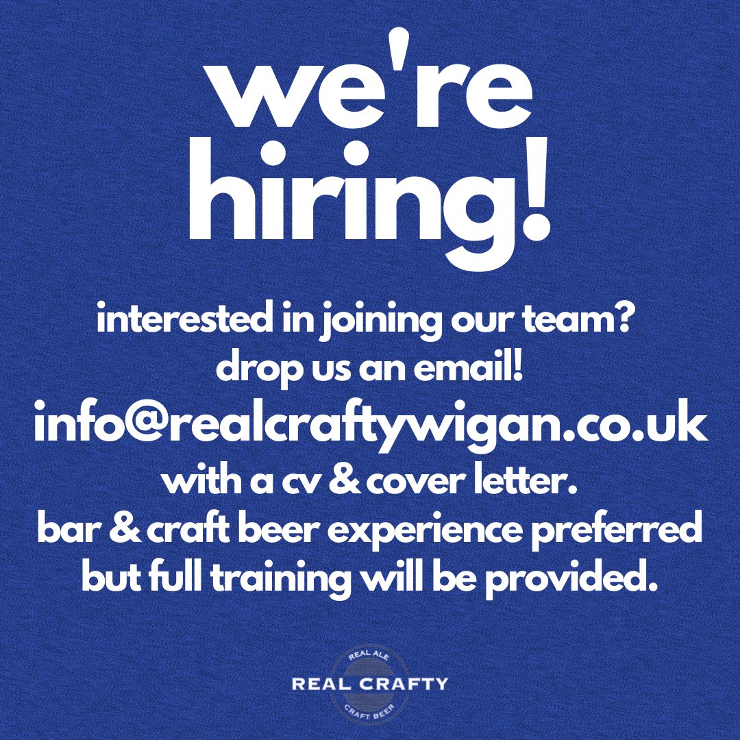 we’re hiring, get in touch! info@realcraftywigan.co.uk