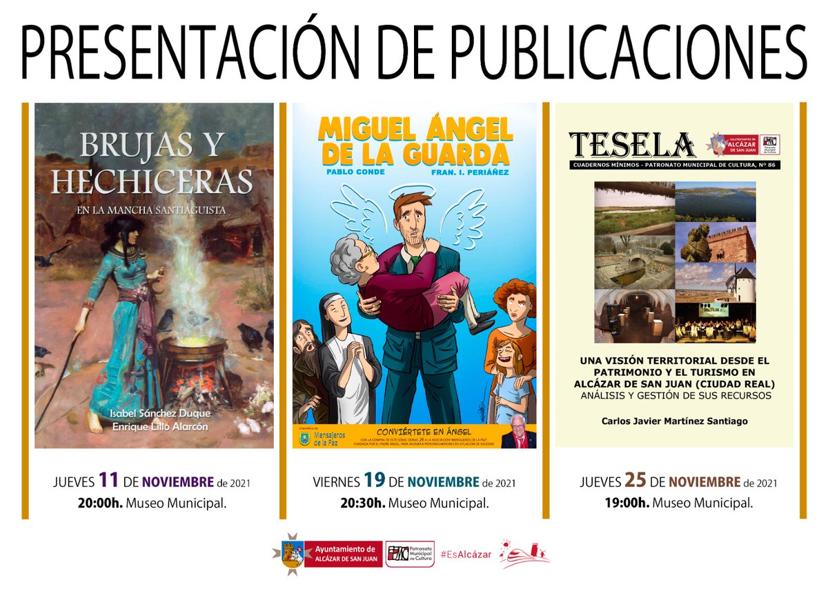 CULTURA_ALCAZAR's tweet photo. 📚 Presentaciones de libros en noviembre en el Museo Municipal de #AlcázarDeSanJuan📌Día 11, 20h. ”Brujas y hechiceras en La Mancha santiaguista” de Isabel Sánchez Duque. Cuatro historias reales de brujas y hechiceras obtenidas de manuscritos del s.XVI #EsAlcázar #ConCulturaCLM https://t.co/oMAD2qeybl