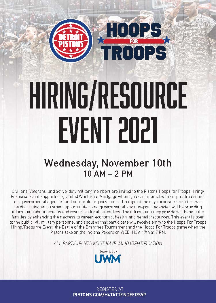 detroitatwork's tweet photo. This Wednesday, the @DetroitPistons are hosting Hoops for Troops, a hiring and resource event for all civilians, veterans and active-duty military members!
Event is open to the public, all participants must have valid ID.
Register at https://t.co/S0AcnBpsIL
#jobfair #Back2WorkMI https://t.co/FCRjQXewTQ