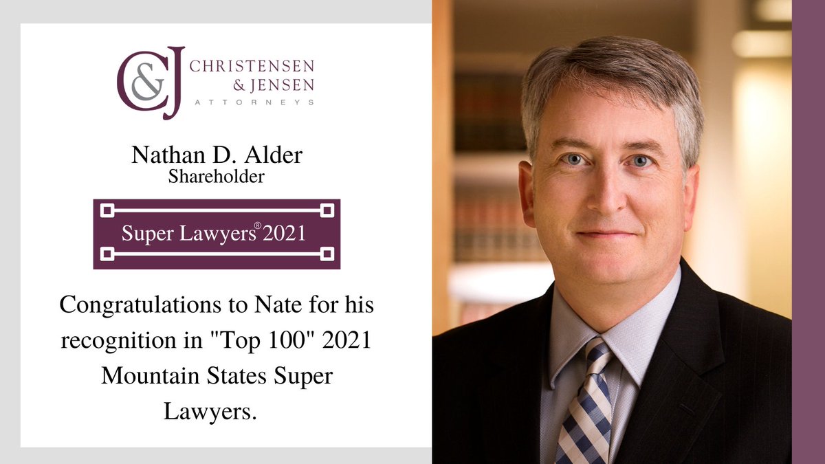ChrisJenLaw's tweet photo. Nathan D. Alder has made the "Top 100" @SuperLawyers 2021 Mountain States list. Congratulations, Nate! -> https://t.co/h80WJsGHhF https://t.co/LoqjOyr2qN