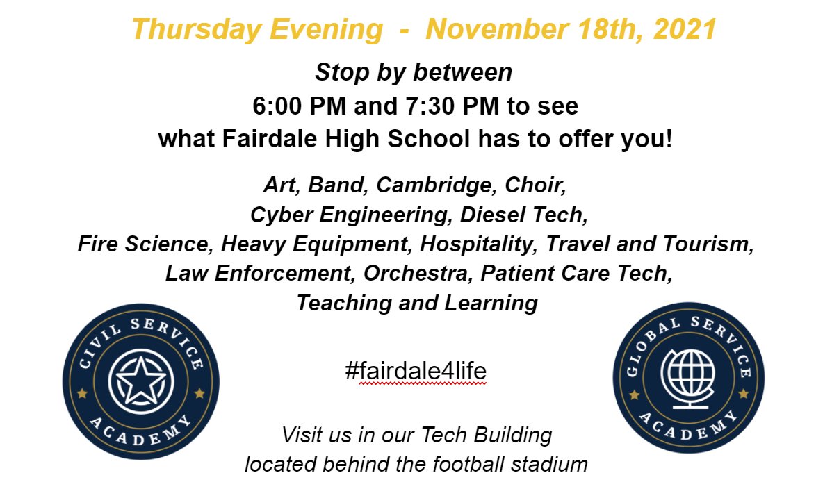 FairdaleHigh's tweet photo. Please bring your 8th grader out to our open house event. See in person all the great things going on at Fairdale High School! Info below!! https://t.co/fLUrPI8GmB