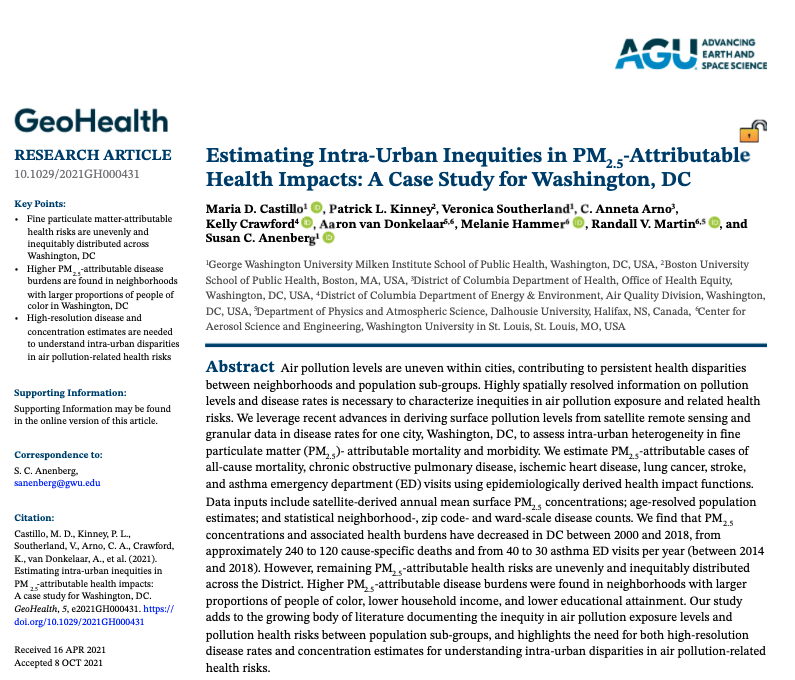 mariadcastilloc's tweet image. NEW📰🧵: Our manuscript on PM2.5 health impacts in DC is out! We used fine resolution data on both PM2.5 pollution AND baseline disease rates to assess the health burden of PM2.5 at the *neighborhood* level in DC.
S/o to @SusanAnenberg &amp;amp; all our coauthors👉🏽agupubs.onlinelibrary.wiley.com/doi/10.1029/20…