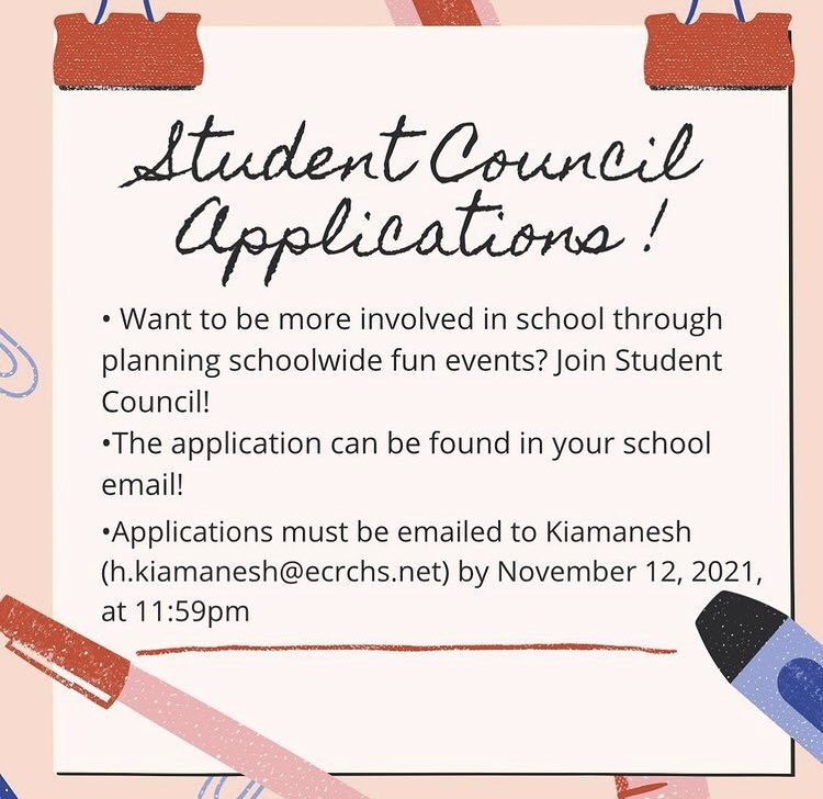 asb_ecr's tweet photo. Student Council applications have now been sent to students emails. If you want to become apart of student council for the spring 2022 semester, make sure to fill in your application and sent it to h.kiamanesh@ecrchs.net by this Thursday! https://t.co/PQ0snf4V13